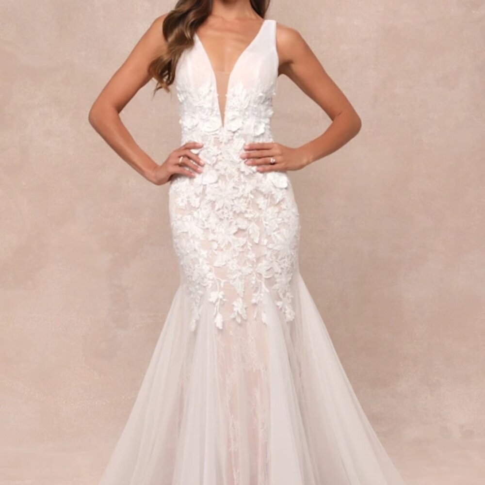 Lulus Exceptional Vow White Tulle Lace Applique Mermaid Wedding Dress - Size M